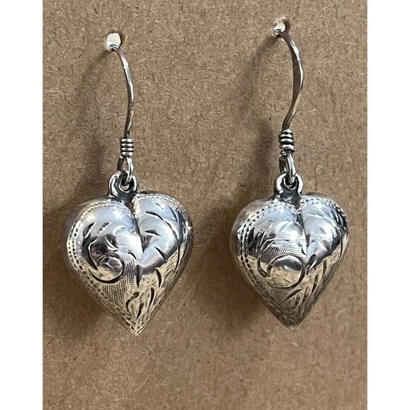 VTG 80s Sterling Silver Etched Puffed Heart Love Dangle Hook Earrings Boho - Picture 3 of 9